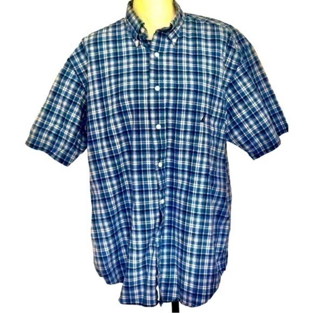 Nautica Blue And White checked Short Sleeve Shirt Size L